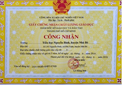 TH Nguyễn Bình - Giấy chứng nhận đạt KĐCLGD cấp độ 1
